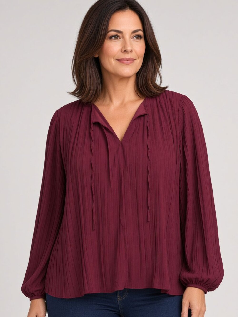 ADIVA Burgundy Pleated Chiffon Tie-Neck Plus Size Blouse – Size 1X